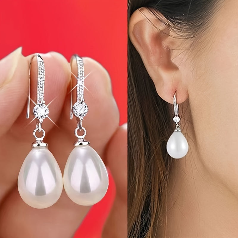 1 Pair Exquisite Trendy Waterdrop Dangle Earrings Oval Faux Pearl Drop Earrings Vintage Elegant Style Earrings Jewelry Suitable For Women