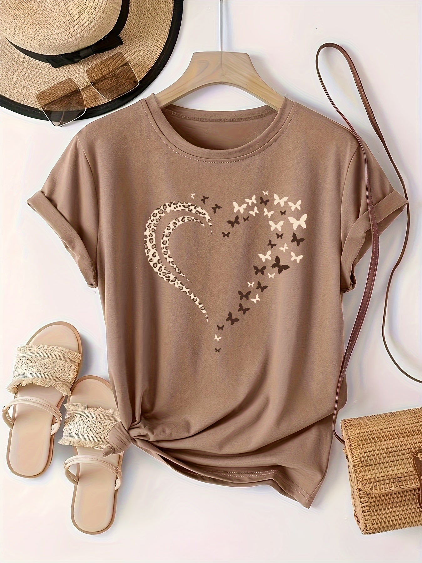 Plus Size Butterfly Heart Print Crew Neck T-Shirt - Soft Slight Stretch Fabric, Positioning Printing, Casual Short Sleeve Top for Spring & Summer - Womens Comfortable Knit Fabric Clothing for Warm Weather