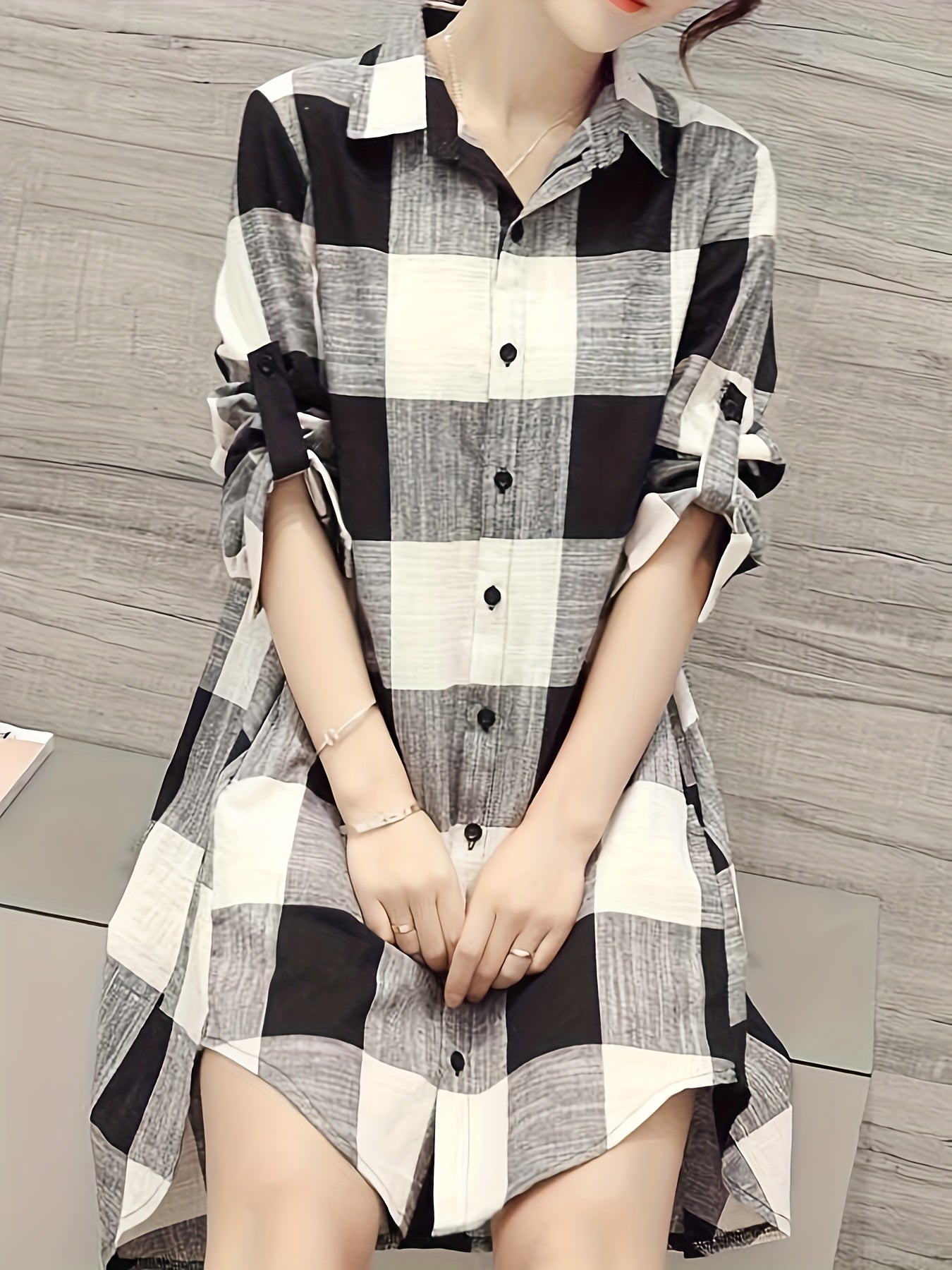 Plaid Print Button Front Shirt, Casual Long Sleeve Long Length Blouse For Spring & Fall, Women's Clothing