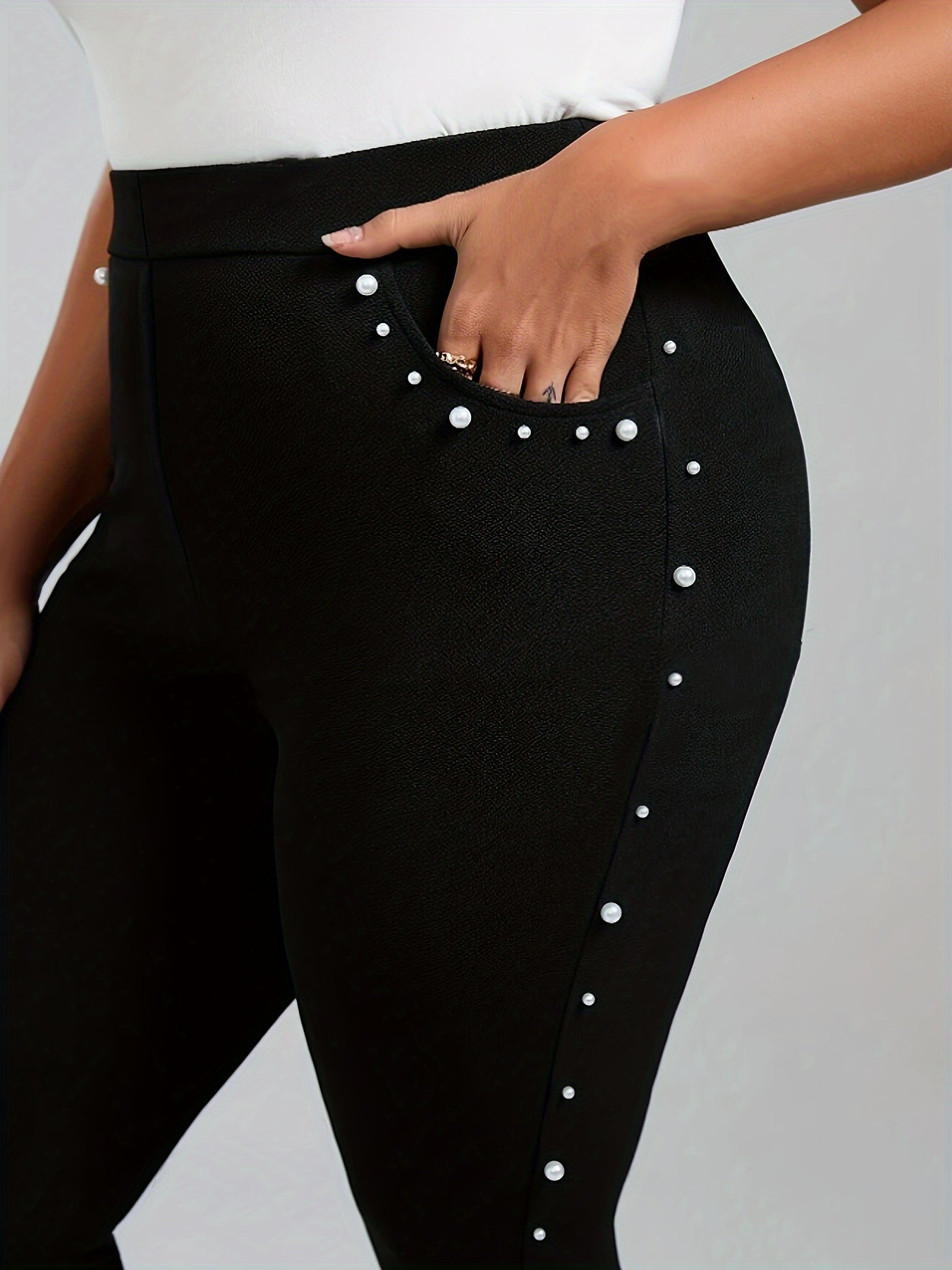 Plus Size Solid Beaded Skinny Leggings, Elegant High Waist Leggings For Spring & Summer, Women's Plus Size Clothing