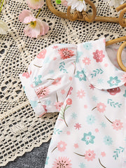 Young Girls Ditsy Floral Doll Collar Puff Short Sleeve Shirt Cute Blouse For Spring Summer