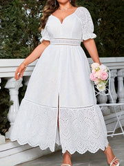 Plus Size Eyelet Puff Sleeve Dress, Elegant Scallop Trim Split Dress For Spring & Summer, Women's Plus Size Clothing