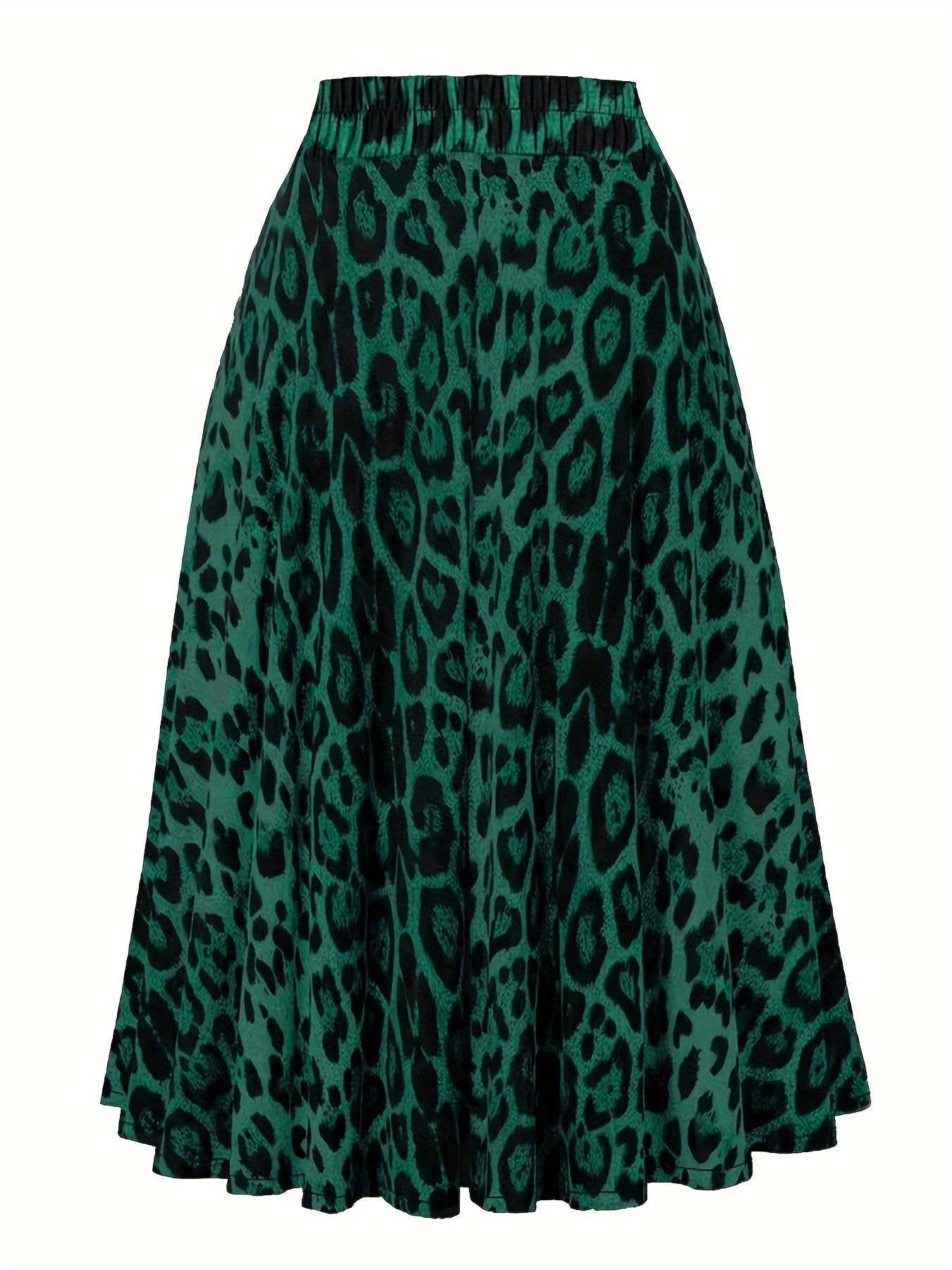 Plus Size Retro Skirt, Women's Plus Leopard Print Elastic Tie Waist Swing A-line Skirt