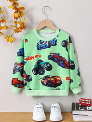 Cartoon Car Print Boys Casual Creative Pullover Sweatshirt, Long Sleeve Crew Neck Tops, Kids Clothing Outdoor