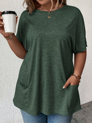 Plus Size Solid Color Pocket T-shirt - Flattering Batwing Sleeve, Classic Crew Neck, Casual Relaxed Fit, Convenient Pocket - Perfect for Spring and Summer, Womens Plus Size Clothing