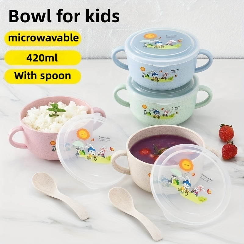 Cartoon Bowl, Children Tableware, Anti-fall, Insulated Food Supplement Bowl With Two Handles, Baby Feeding Bowl With Lid, Microwave Safe, Suitable For Infant, Food Supplement Fruit Cute Bowl