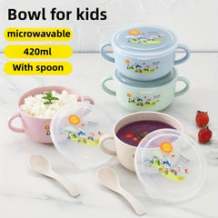 Cartoon Bowl, Children Tableware, Anti-fall, Insulated Food Supplement Bowl With Two Handles, Baby Feeding Bowl With Lid, Microwave Safe, Suitable For Infant, Food Supplement Fruit Cute Bowl