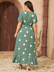 Plus Size Polka Dot Print Dress - Relaxed Fit with Flattering V-Neckline, Short Sleeves, and Adjustable Belt - Designed for Plus Size Women, Part of Our Womens Clothing Collection