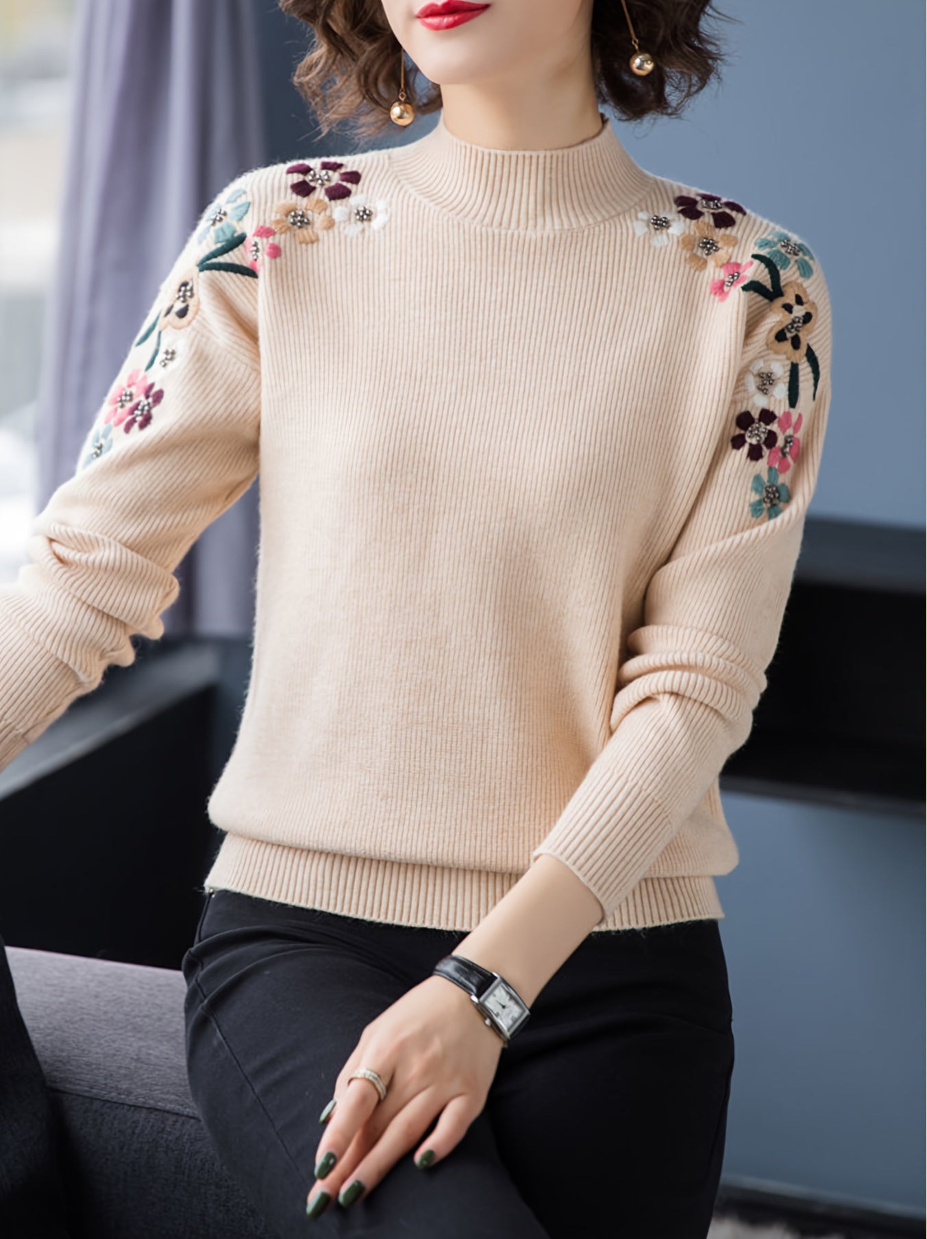 Floral Pattern Mock Neck Knit Sweater, Casual Long Sleeve Pullover Sweater, Women's Clothing