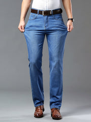 Men's Solid Denim Pants With Pockets, Formal Cotton Blend Jeans For Summer Outdoor Activities