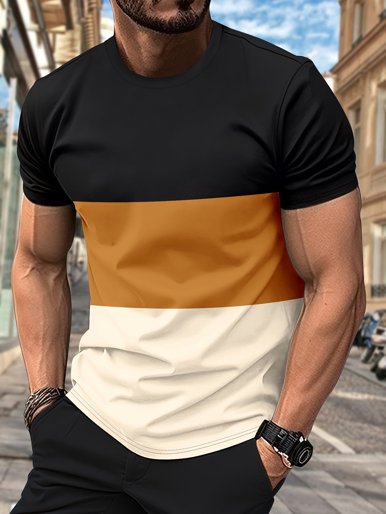 Mens Color Block Pattern Crew Neck T-shirt - Stylish Short Sleeve for Easy Movement, Ultra-Casual Design for Relaxed Fit, Breathable Fabric for Maximum Comfort, Perfect for Summer Outdoor Activities and Ideal for Outdoor Wear