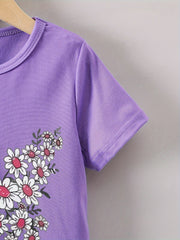 Butterfly Wing With Flowers Graphic Print Tee, Girls' Casual & Comfy Short Sleeve Crew Neck T-shirt For Spring & Summer, Girls' Clothes