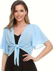 Solid Color Knotted Front Blouse, Elegant Short Sleeve Chiffon Blouse For Summer, Women's Clothing