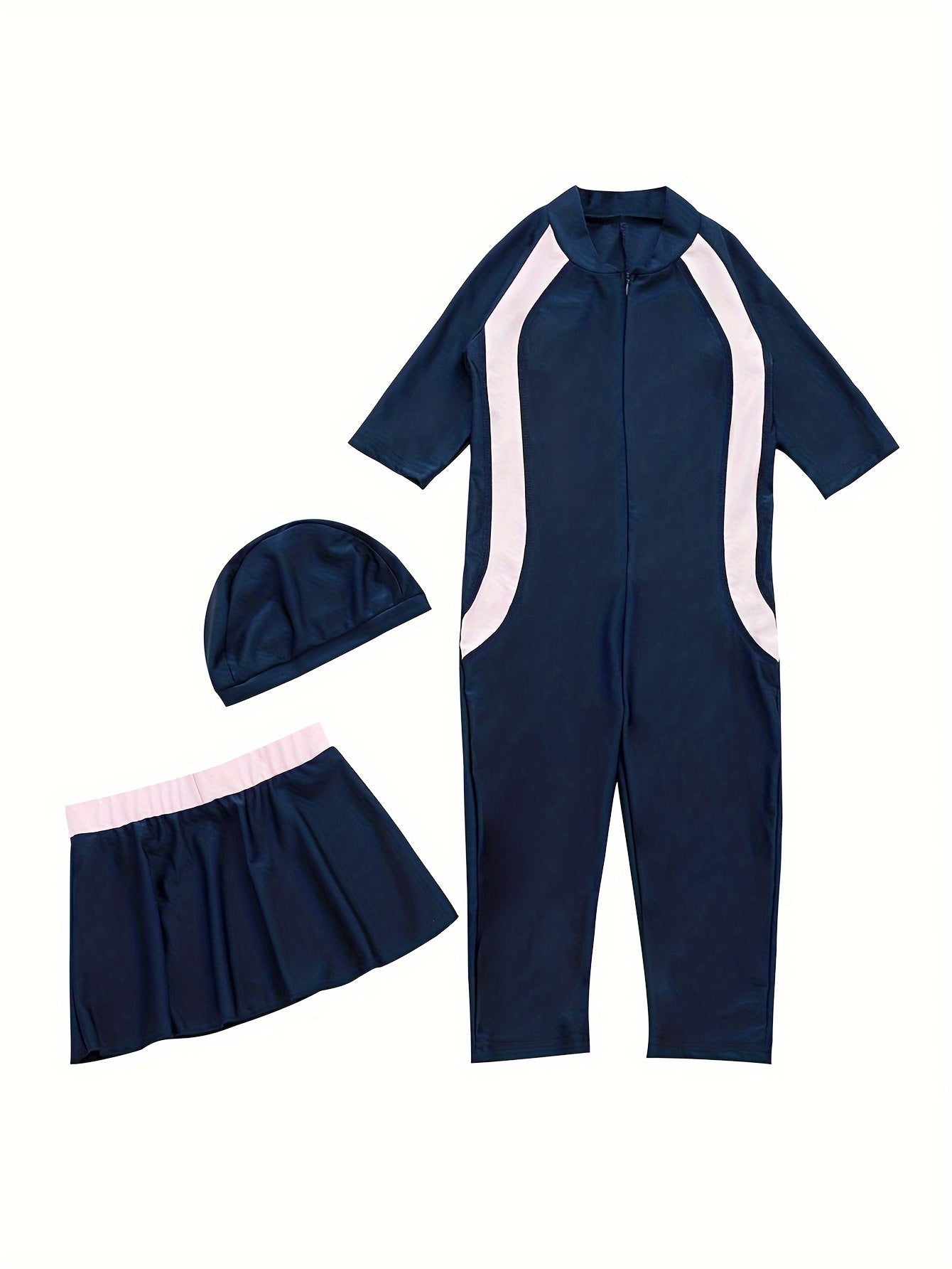 Girls Swimsuit Set, Long Sleeve And Pants Swimwear With Detachable Skirt And Cap, Sporty Style Beachwear