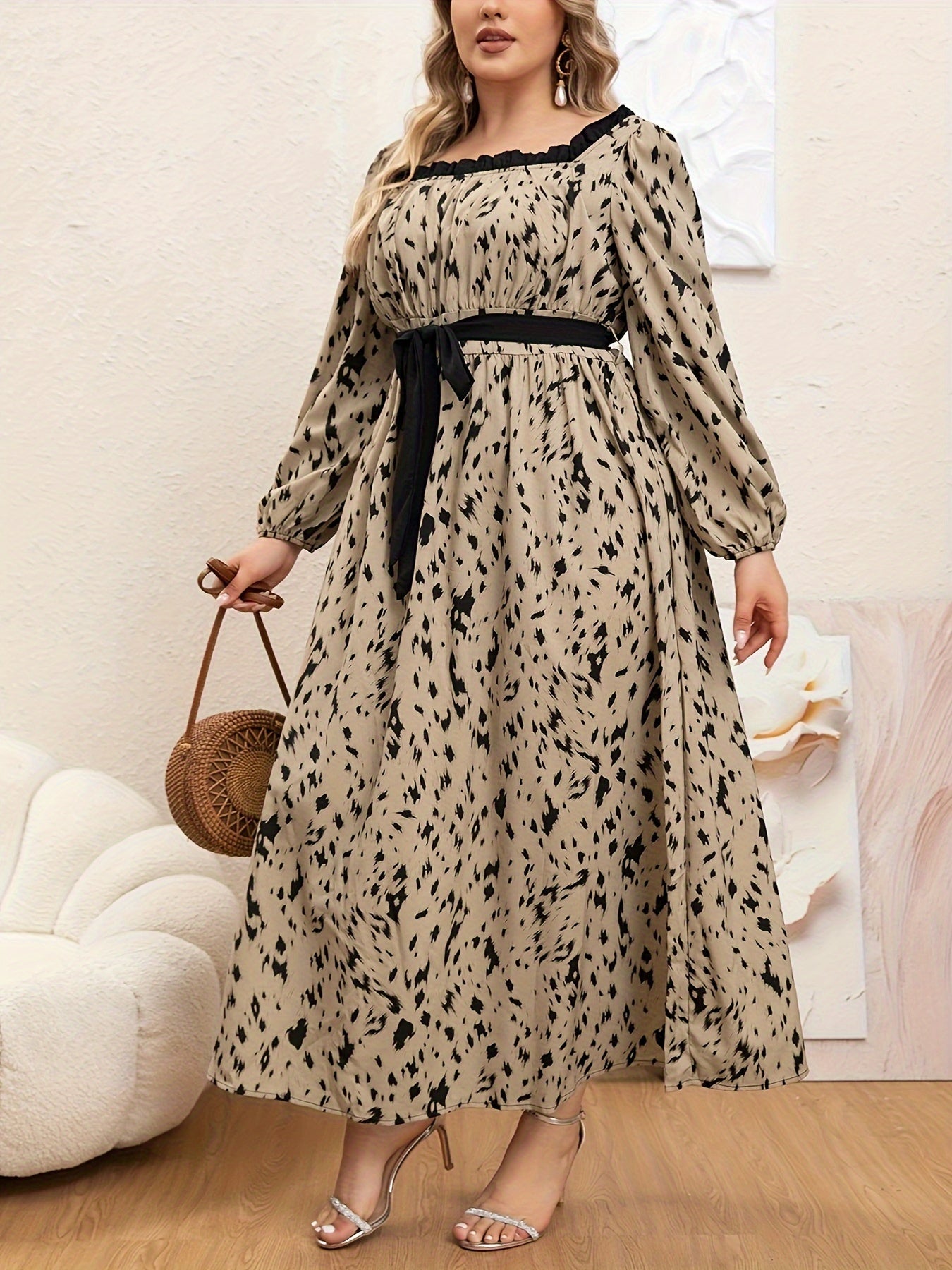 Plus Size Allover Print Dress, Elegant Long Sleeve Square Neck Tie Waist Maxi Dress, Women's Plus Size Clothing