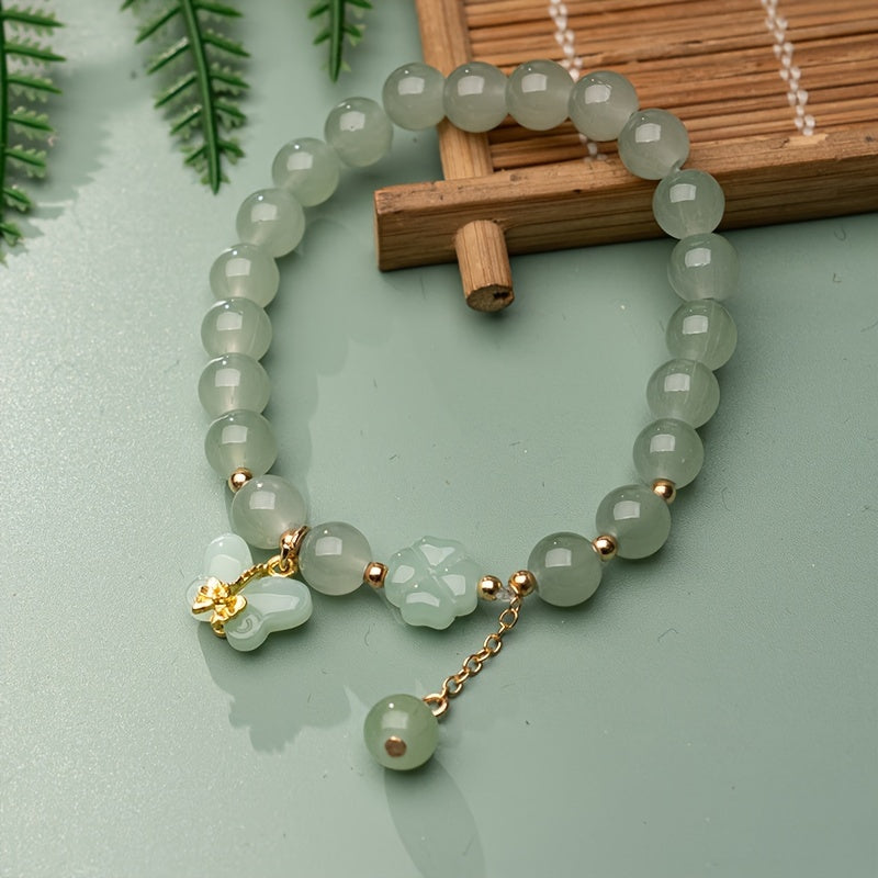 1pc Green Faux Jade Beaded Bracelet Elegant Hand Jewelry Decoration Chinese Style