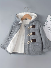 Kid's Preppy Style Fleece Lining Jacket, Warm Woolen Buttons Hooded Coat, Boy's Clothes For Fall Winter Outdoor, As Gift