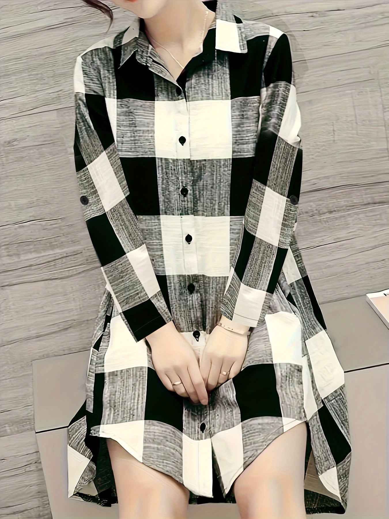 Plaid Print Button Front Shirt, Casual Lapel Neck Long Sleeve Long Shirt For Spring & Fall, Women's Clothing