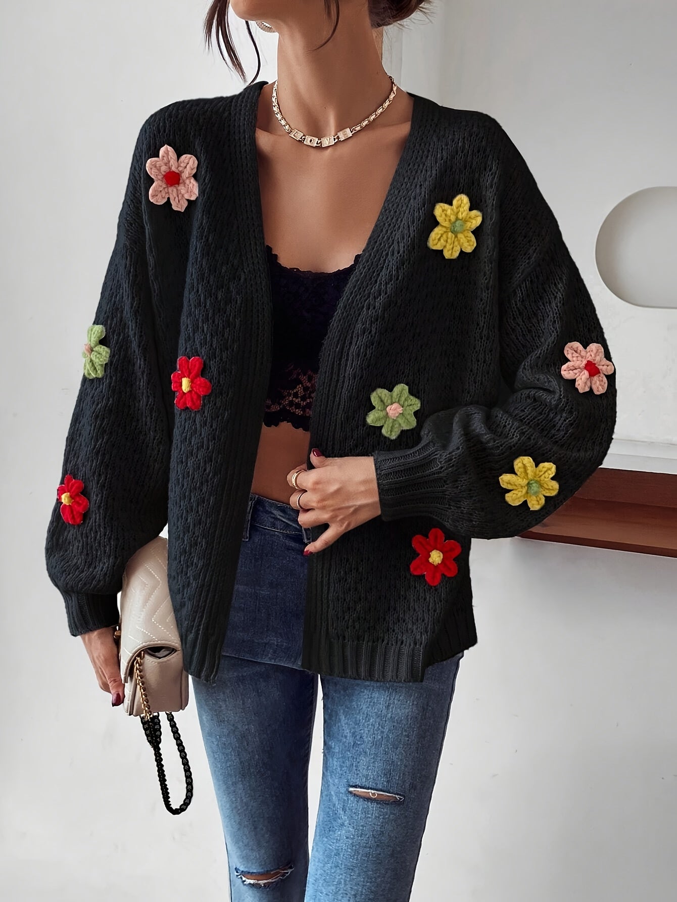 Floral Texture Open Front Cardigan, Casual Long Sleeve Cardigan For Fall & Winter, Women's Clothing