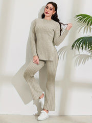 Ribbed Matching Two-piece Set, Casual Long Sleeve T-shirt & Pants Outfits, Women's Clothing