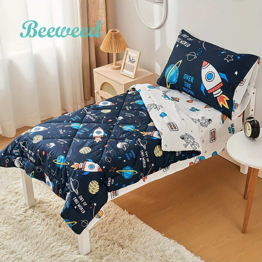 4-Piece Space Galaxy Bedding Set - Soft Comforter, Snug Fitted Sheet, Smooth Flat Sheet, and Stylish Reversible Pillowcase for a Themed Room Decor