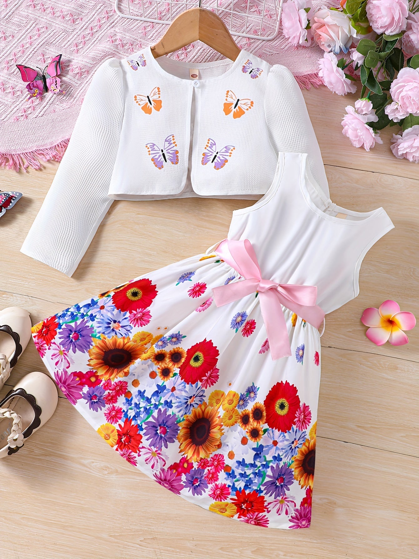 Girls Adorable Long Sleeve Cardigan & Floral Sundress Set - Soft & Stylish Two-piece Outfit for Daily Summer Adventures