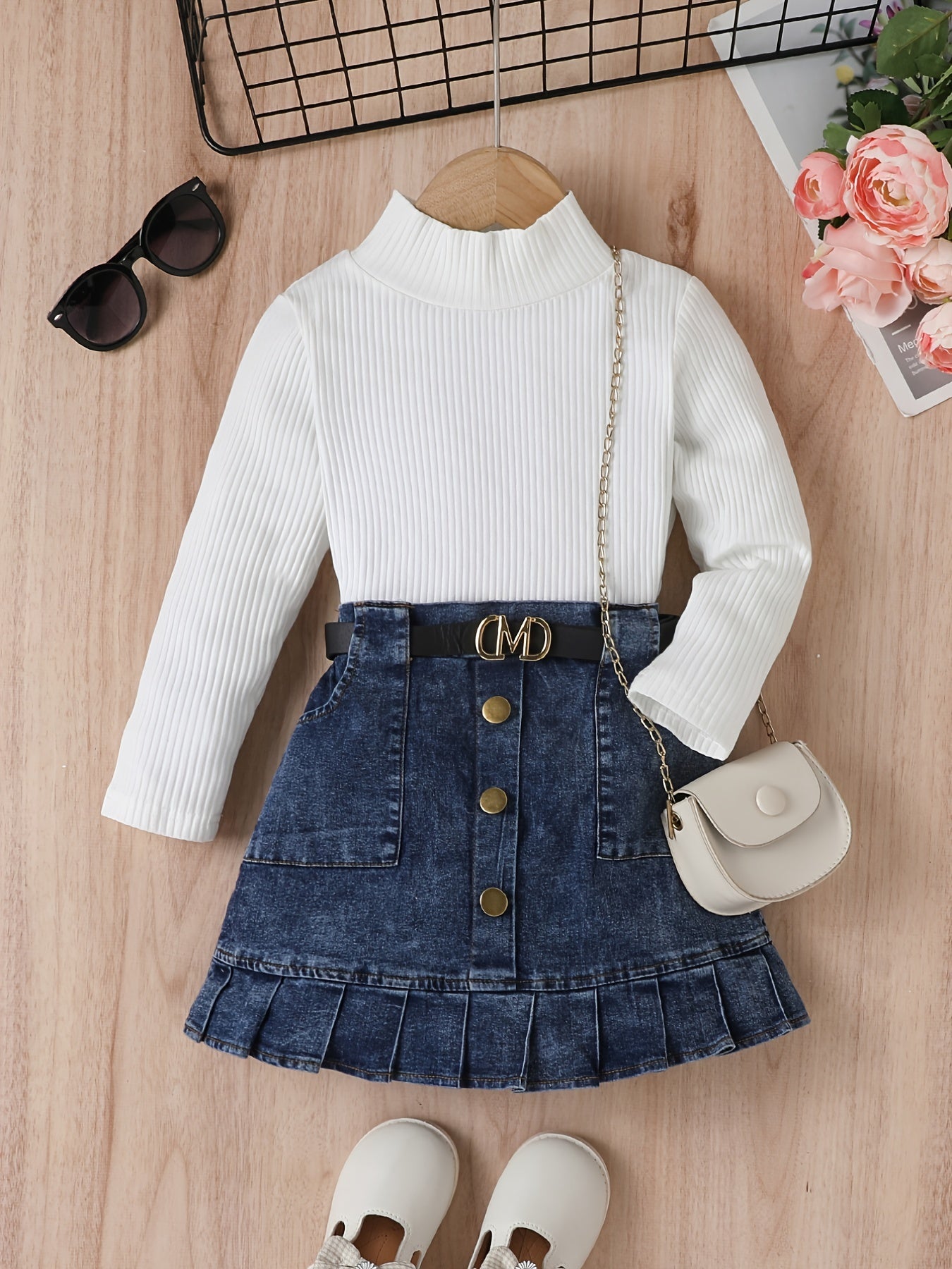 Girl's Trendy Outfit 2pcs, Mock Neck Ribbed Top & Belted Denim Skirt Set, Kid's Clothes For Spring Autumn