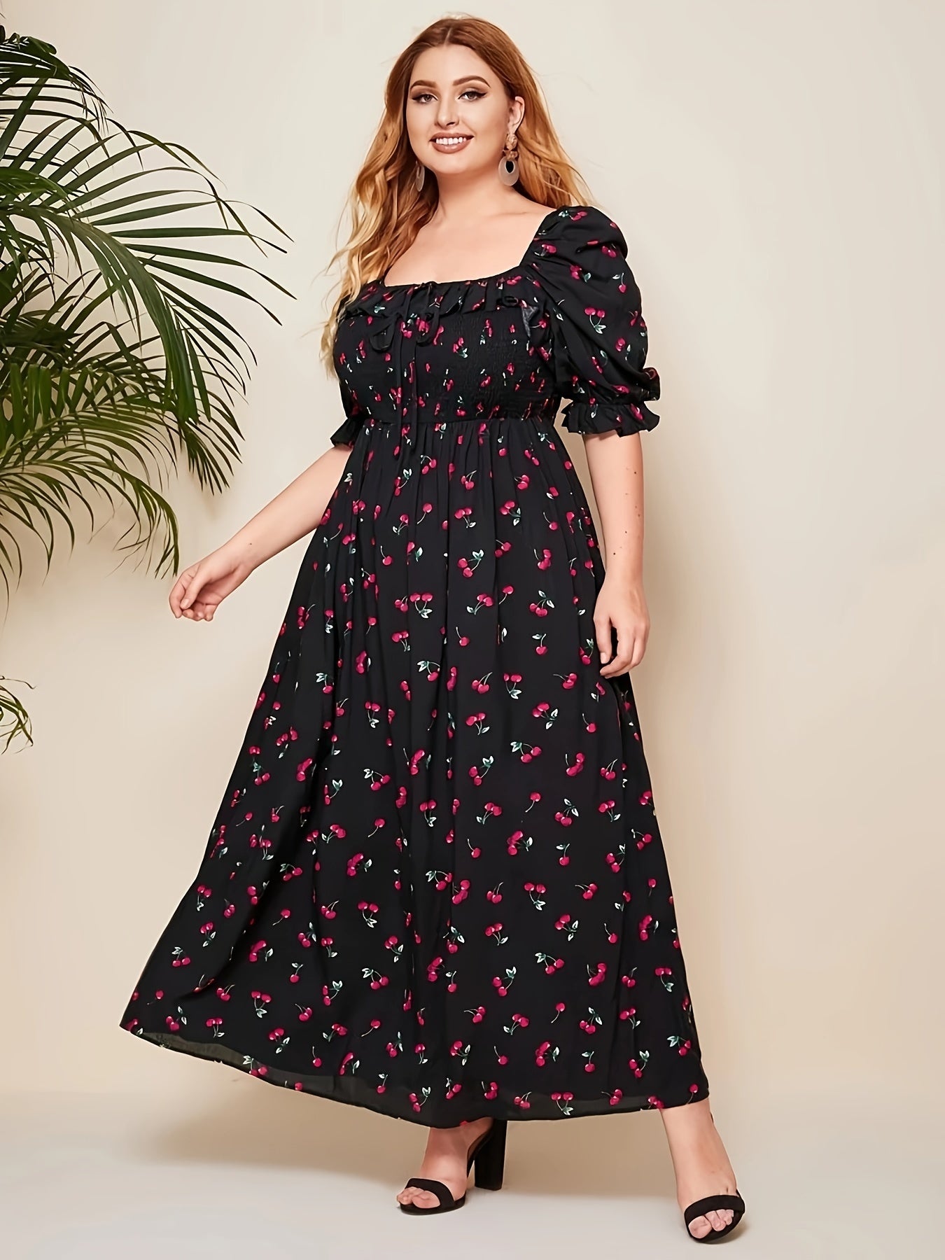 Plus Size Cherry Pattern Puff Sleeve Dress, Elegant Tie Front Square Neck Dress For Spring & Summer, Women's Plus Size Clothing