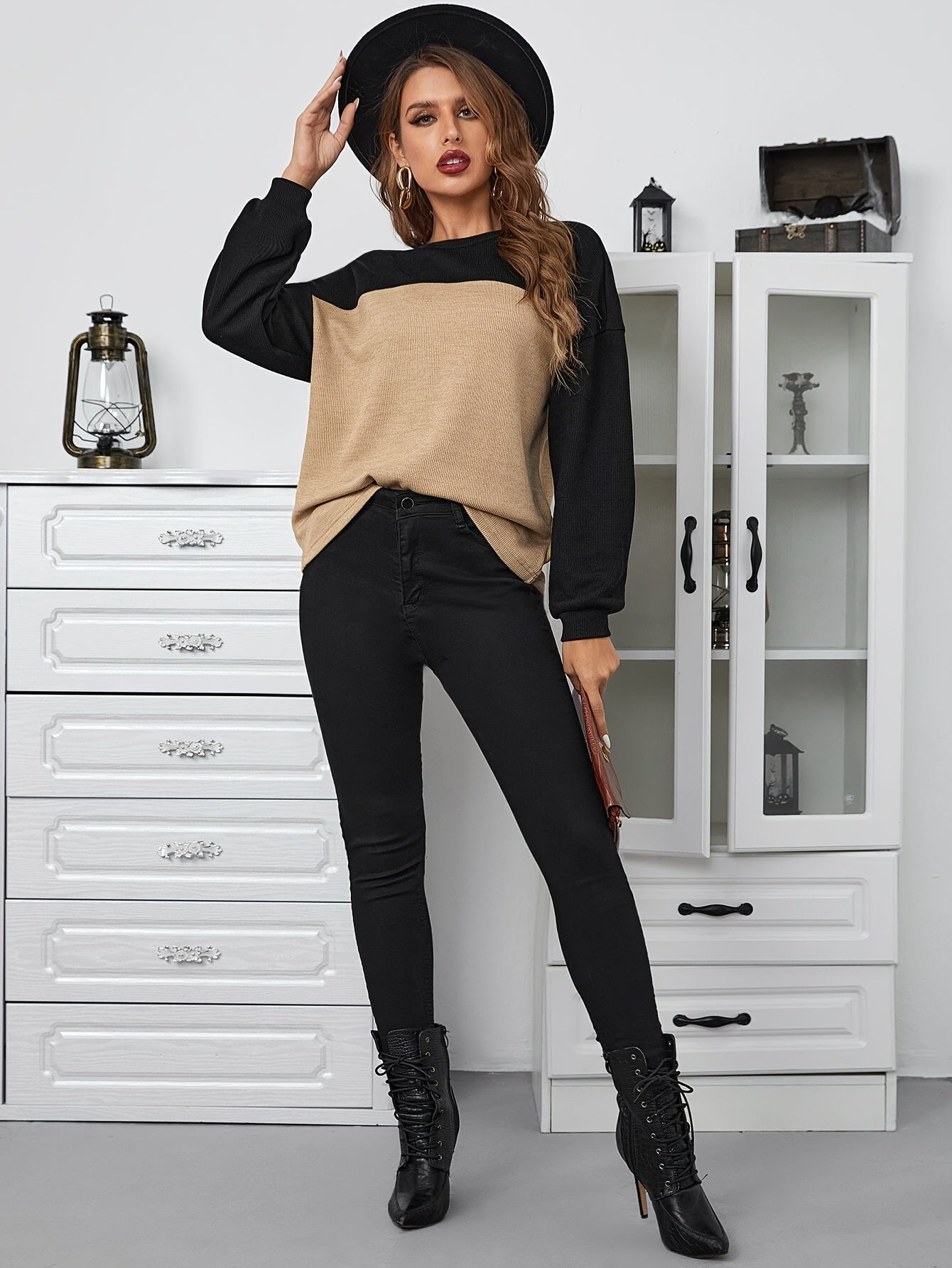 Color Block Pullover Sweatshirt, Elegant Long Sleeve Crew Neck Sweatshirt For Fall & Spring, Women's Clothing