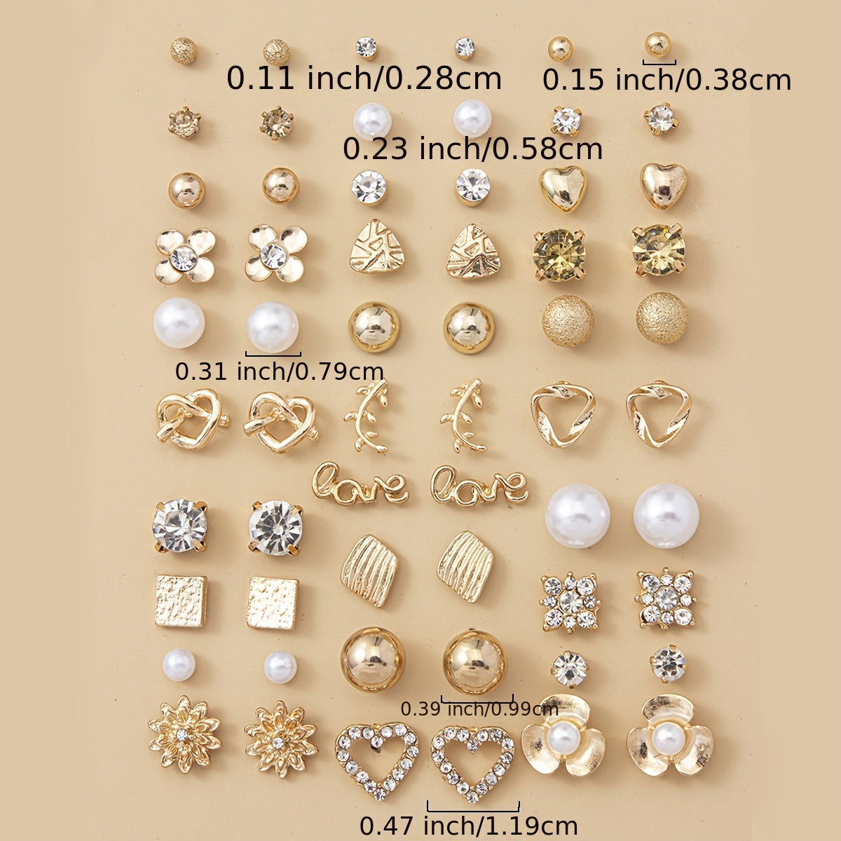 30 Pairs Rhinestones Heart Alloy Faux Pearl Gorgeous Crystal Stud Earrings Set For Women