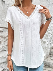 Lace Trim Eyelet Blouse, V Neck Loose Casual Top For Spring & Summer, Women's Clothing