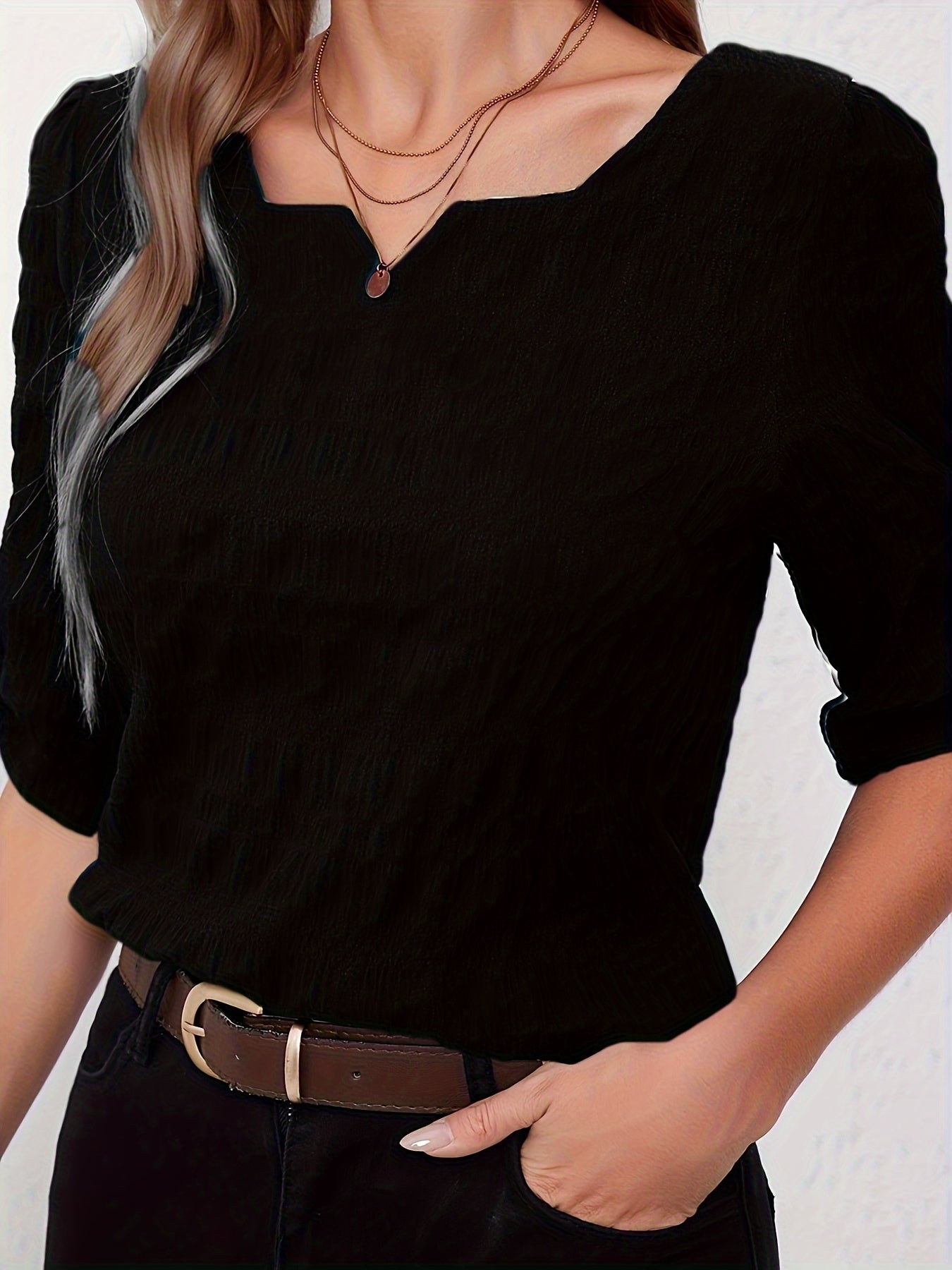 Solid Color Notch Neck Blouse, Casual Half Sleeve Blouse For Spring & Summer, Women's Clothing