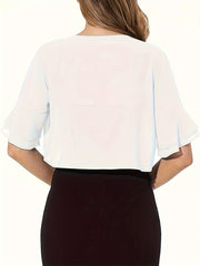 Layered Flare Sleeve Crop Blouse, Versatile Open Front Blouse For Spring & Summer, Women's Clothing