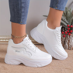 Womens Fashionable Solid Color Lace-Up Sneakers - Pillow-Soft Sole, Height-Boosting Sporty Trainers - Ultra-Trendy Low-top Shoes