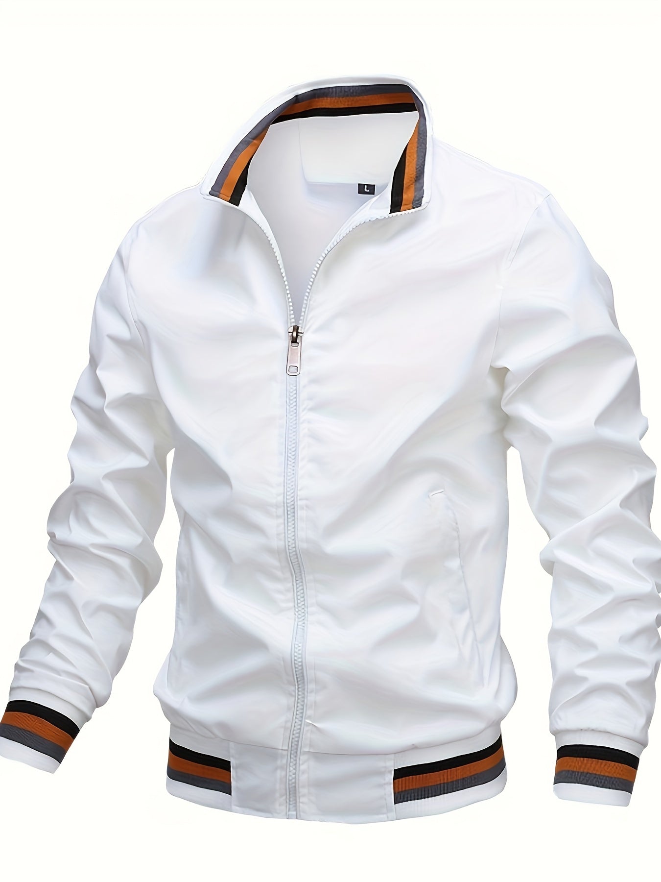 Mens Bomber Jacket - Eye-catching Stripe Pattern, Comfortable Long Sleeve, Convenient Zipper, Stylish Stand Collar, Windproof Windbreaker - Perfect for Spring and Autumn Seasons, Ideal for Outdoor Activities