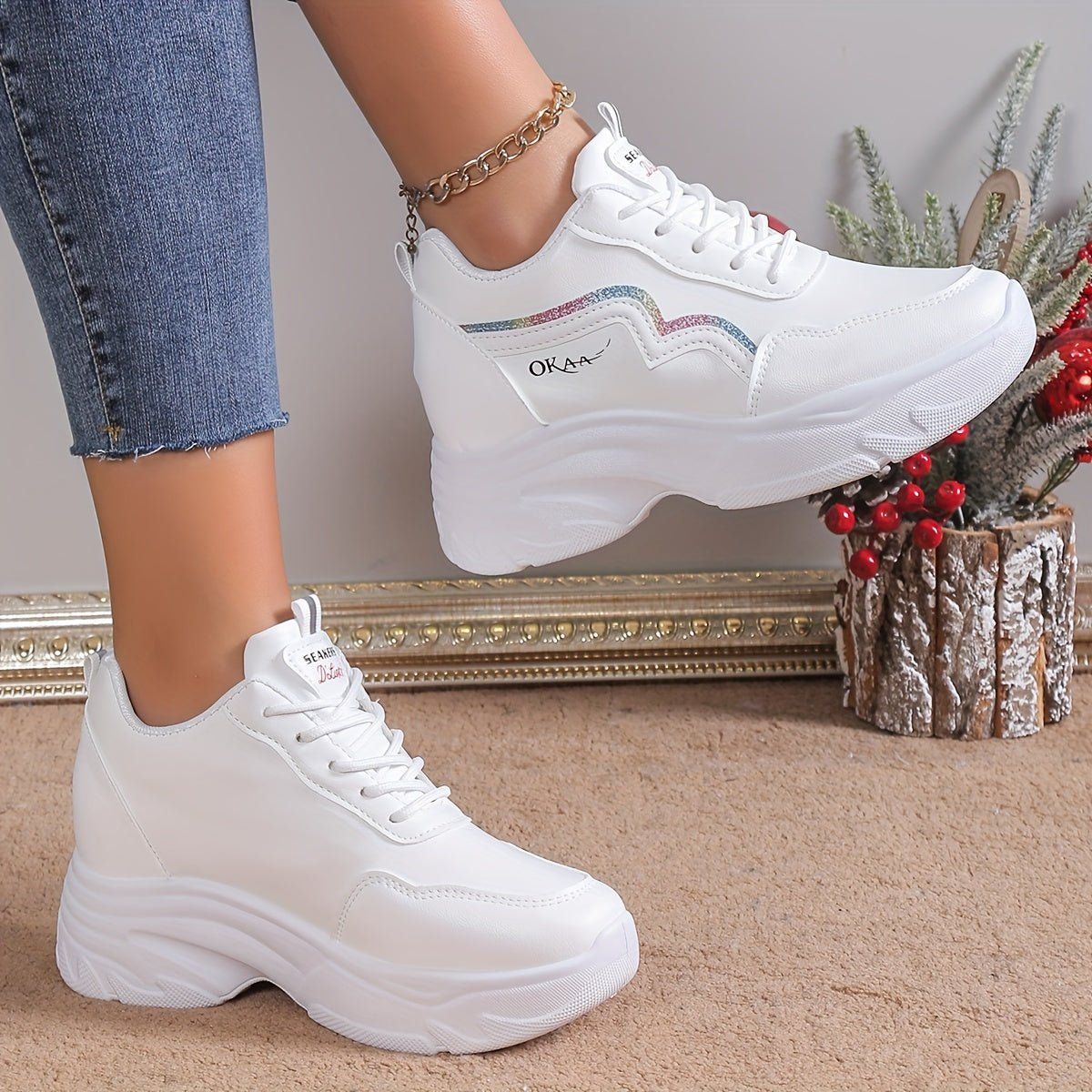 Womens Fashionable Solid Color Lace-Up Sneakers - Pillow-Soft Sole, Height-Boosting Sporty Trainers - Ultra-Trendy Low-top Shoes