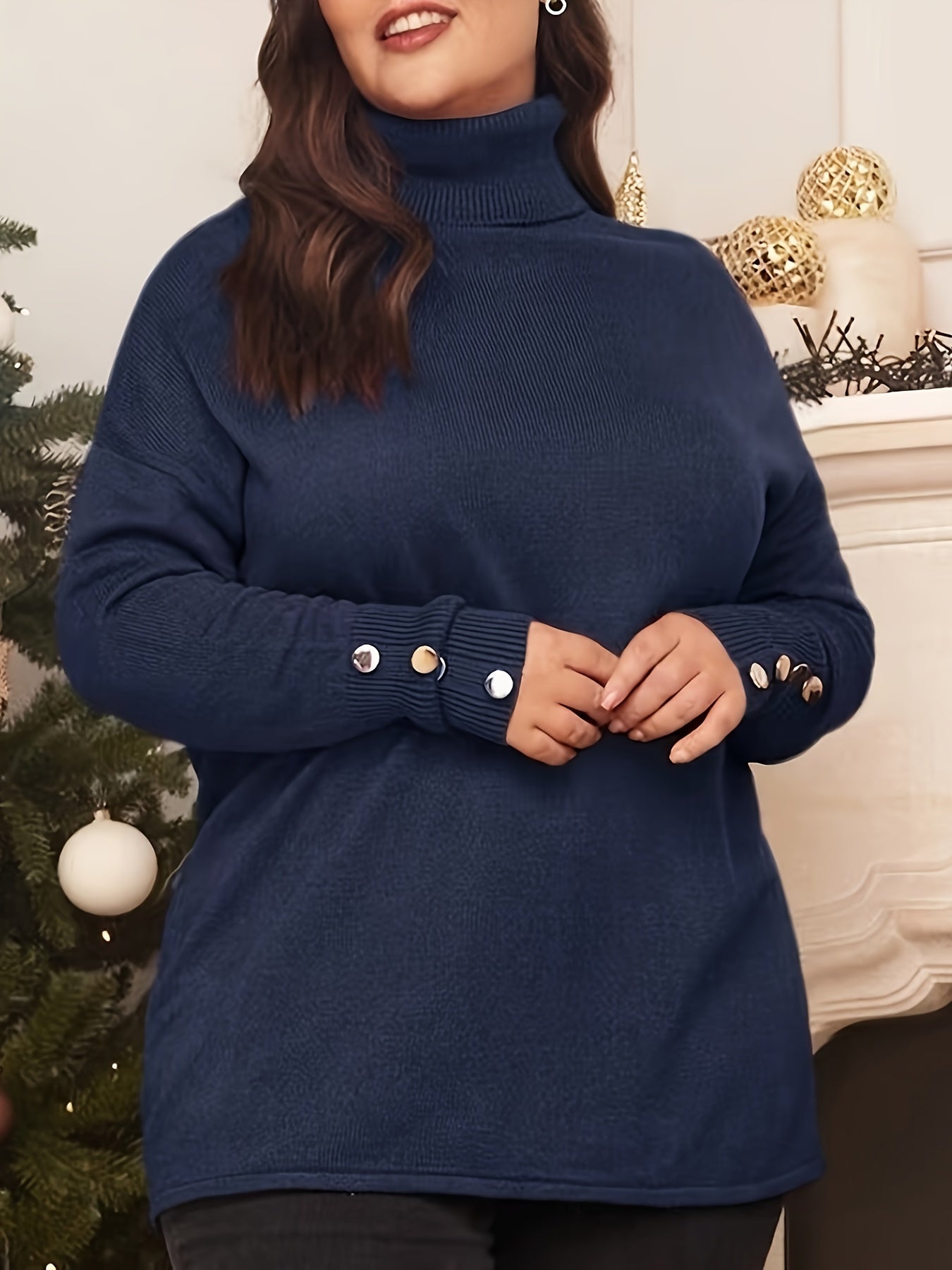 Plus Size Elegant Sweater, Women's Plus Button Decor Long Sleeve Turtleneck Slight Stretch Pullover Jumper