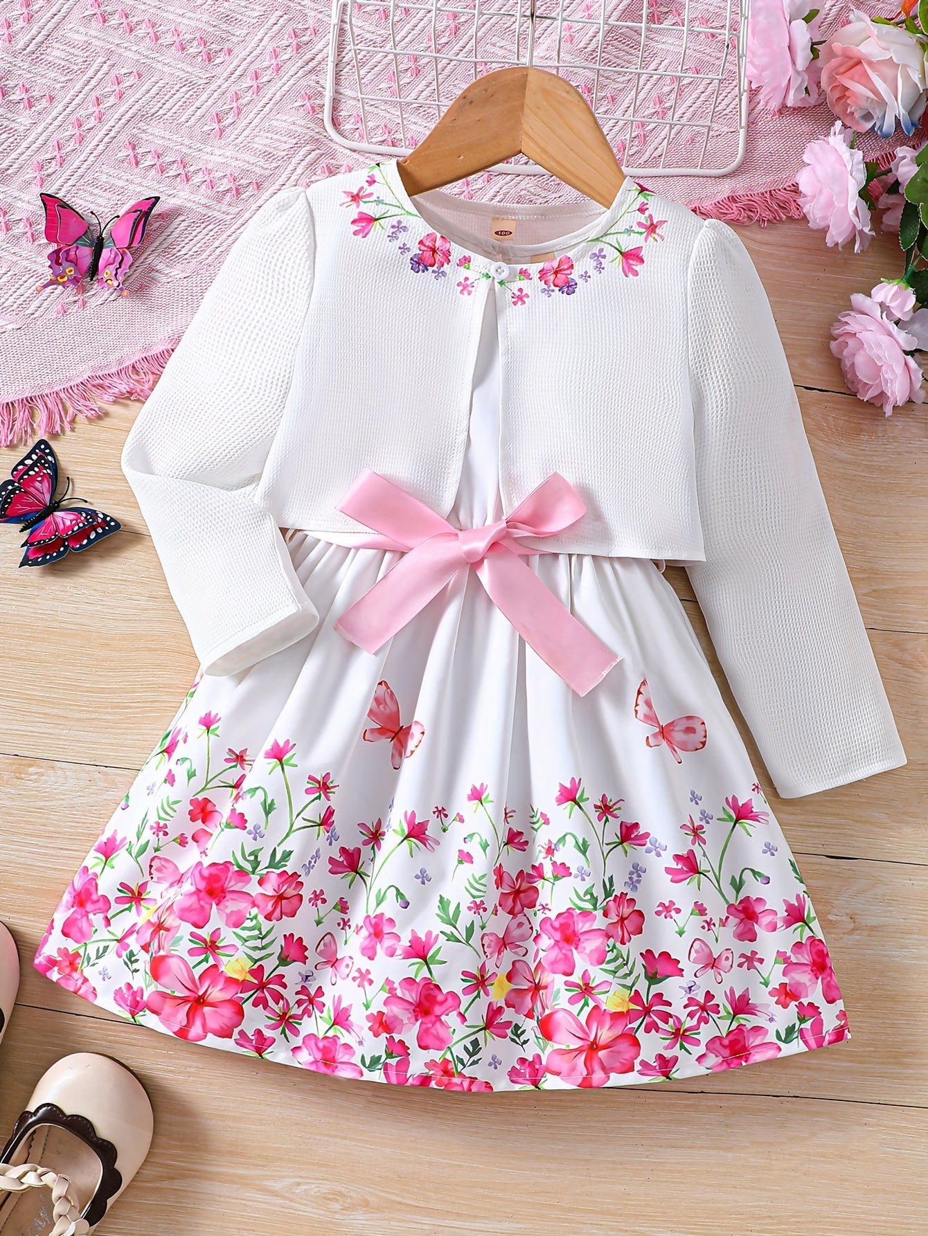 Girls Adorable Long Sleeve Cardigan & Floral Sundress Set - Soft & Stylish Two-piece Outfit for Daily Summer Adventures