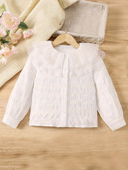 Girls Elegant & Chic Long Sleeve Layered Mesh Spliced Collar Button Up Blouse For Spring & Fall Outdoors