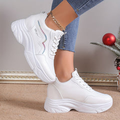 Womens Fashionable Solid Color Lace-Up Sneakers - Pillow-Soft Sole, Height-Boosting Sporty Trainers - Ultra-Trendy Low-top Shoes