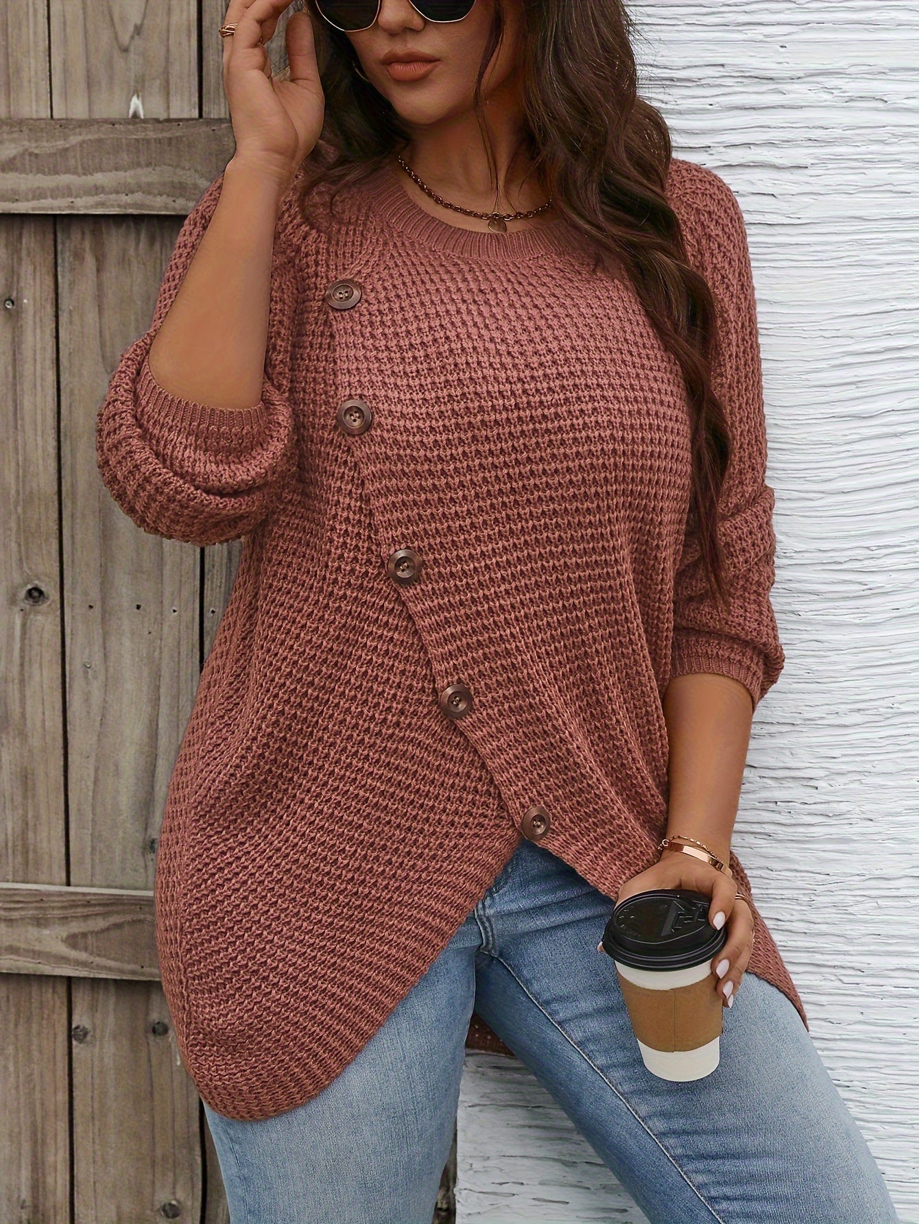 Plus Size Asymmetrical Hem Sweater, Casual Long Sleeve Crew Neck Sweater For Fall & Winter, Women's Plus Size Clothing